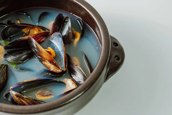 朝鮮式ムッセルスープ 大根と赤と緑のコショウで水の鍋を沸かし ムール貝を追加します すべての成分をしばらく一緒に沸騰させる この心のこもったスープは貝で作られています — ストック写真
