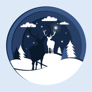 Tepelere düşen bir Noel arkaplanı, arka planda iki geyik ve küçük yıldızlar..