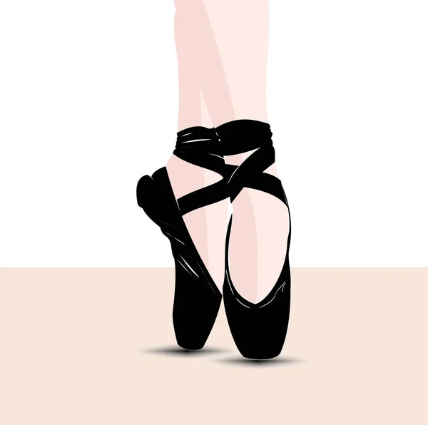 Feet Ballerina Standing Tiptoes Black Ballet Shoes Ribbons — Stock Vector