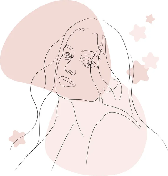 Face Girl Long Flowing Hair Looking Sideways Drawn Art Line — Stockvector