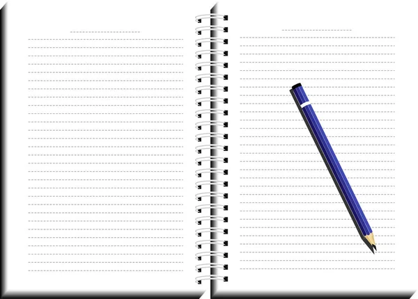 Cuaderno Escritura Lado Abierto Con Páginas Blancas Lápiz Azul — Vector de stock