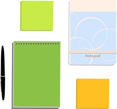 Kırtasiye seti iki not defteri, biri yeşil, diğeri açık mavi renkli yapışkan bir not ve siyah bir kalem.