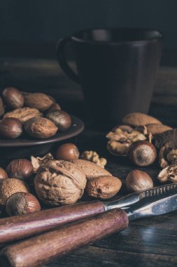 Fındık kabuklarında ceviz, badem ve fındık karışımı bir çift fındık ve fotokopi uzayı içeren karışık fındıklar var.