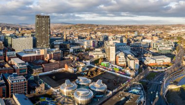 SHEFFIELD, UK - DECEMBER 16, 2021. Aerial view of Sheffield city centre with The Arts Tower and Hallam University buildings including The Students Union HUBS