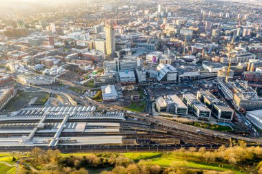 Aerial view of Sheffield city skyline with the train and tram station prominent 