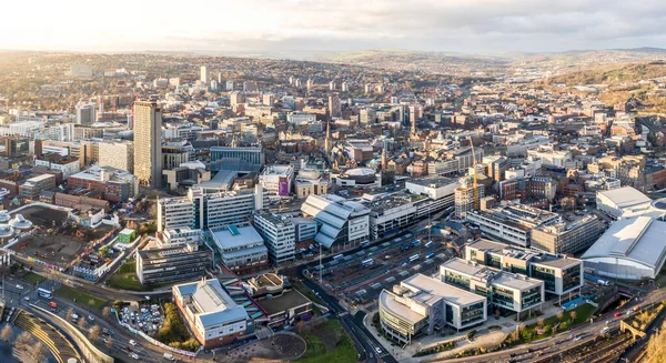  Aerial view of Sheffield city centre skyline demonstrating urban sprawl in this South Yorkshire conurbation 