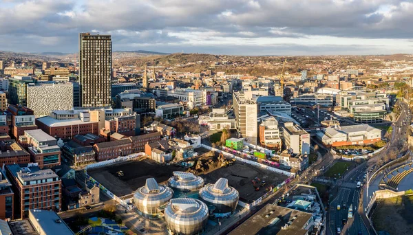 SHEFFIELD, UK - DECEMBER 16, 2021. Aerial view of Sheffield city centre with The Arts Tower and Hallam University buildings including The Students Union HUBS
