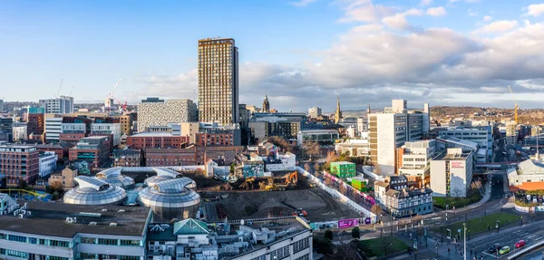 SHEFFIELD, UK - DECEMBER 16, 2021. Aerial view of Sheffield city centre with The Arts Tower and Hallam University buildings including The Students Union HUBS