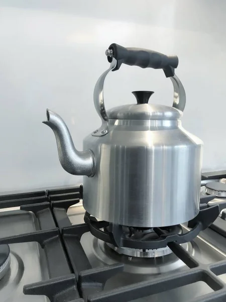 Large Silver Kettle Handle Spout Boiling Hot Water Gas Stove — 图库照片