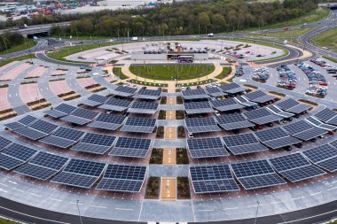 STOURTON, LEEDS, UK - APRIL 25, 2022.  An aerial view of the newly built Park and Ride  area in Stourton, East Leeds providing parking for people and a bus service to the centre of Leeds city.