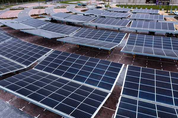 Aerial View Innovative Solar Panels Located Car Parking Lot Rooftops — Stockfoto