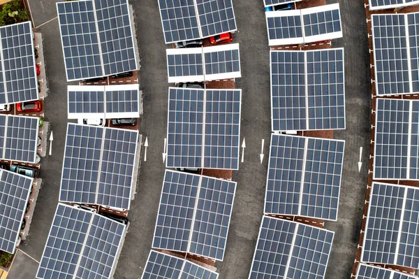Aerial View Innovative Solar Panels Located Car Parking Lot Rooftops — Stockfoto