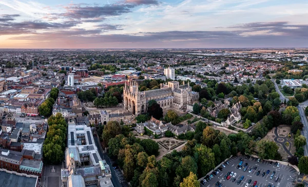 Peterborough August 2022 Aerial Cityscape Peterborough Cathedral Town Centre Sunset — Stockfoto