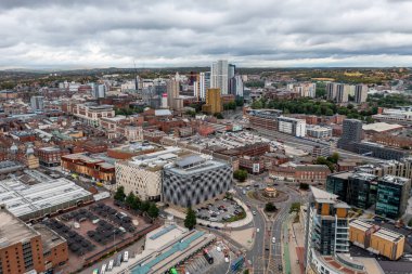 LEEDS, UK - AUGUST 24, 2022. Aerial view of Leeds city centre retail districtwith bus station and transport links to Victoria shopping centre
