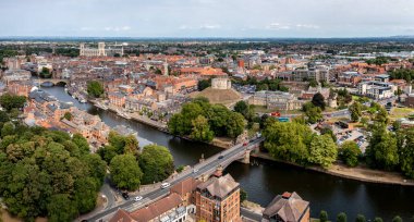YORK, UK - AUGUST 28, 2022.  An aerial panoramic landscape of the River Ouse flowing through the historic city of York