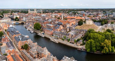 YORK, UK - AUGUST 28, 2022.  An aerial panoramic landscape of the River Ouse flowing through the historic city of York