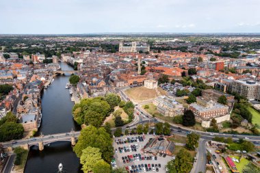 YORK, UK - AUGUST 28, 2022.  An aerial panoramic landscape of the River Ouse flowing through the historic city of York