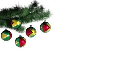 Guyana bayraklı Noel balonu. Döngülü animasyon. 4K görüntü. Dahili alfa kanalı