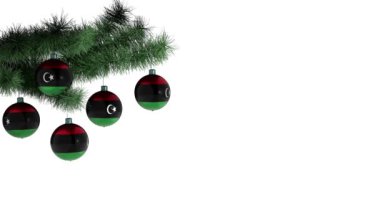 Libya bayrağıyla Noel balonu. Döngülü animasyon. 4K görüntü. Dahili alfa kanalı