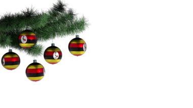 Uganda bayrağıyla Noel balonu. Döngülü animasyon. 4K görüntü. Dahili alfa kanalı