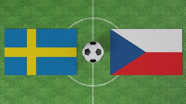 Futbol maçı, İsveç Çek Cumhuriyeti 'ne karşı, futbol sahasında futbol topu olan ülkelerin bayrakları