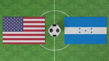 Futbol maçı, ABD Honduras 'a karşı, futbol sahasında futbol topu olan ülkelerin bayrakları