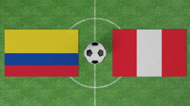 Futbol maçı, Kolombiya Peru 'ya karşı, futbol sahasında futbol topu olan ülkelerin bayrakları.