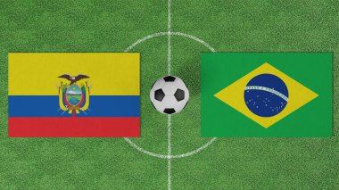 Futbol maçı, Ekvador Brezilya 'ya karşı, futbol sahasında futbol topu olan ülkelerin bayrakları