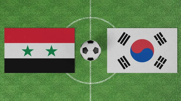 Futbol maçı, Suriye Güney Kore 'ye karşı, futbol sahasında futbol topu olan ülkelerin bayrakları