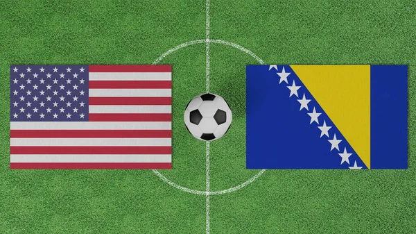 Futbol maçı, ABD Bosna-Hersek 'e karşı, futbol sahasında futbol topu olan ülkelerin bayrakları