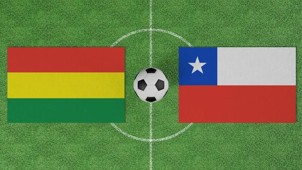 Futbol maçı, Bolivya Şili 'ye karşı, futbol sahasında futbol topu olan ülkelerin bayrakları