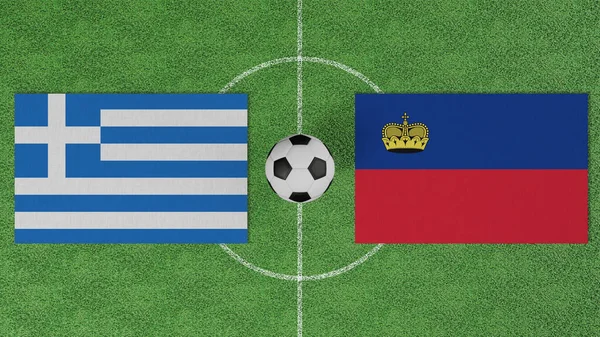 Futbol Maçı, Yunanistan-Lihtenştayn maçı, futbol sahasında futbol topu olan ülkelerin bayrakları
