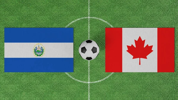 Futbol maçı, El Salvador Kanada 'ya karşı, futbol sahasında futbol topu olan ülkelerin bayrakları.
