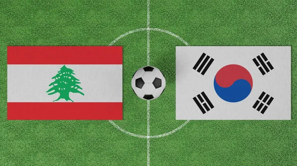 Futbol maçı, Lübnan Güney Kore 'ye karşı, futbol sahasında futbol topu olan ülkelerin bayrakları.