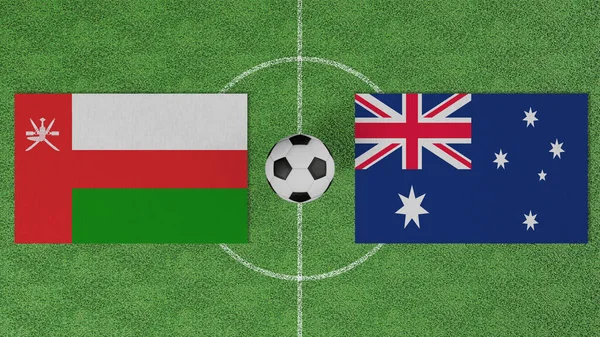 Futbol maçı, Umman Avustralya 'ya karşı, futbol sahasında futbol topu olan ülkelerin bayrakları.