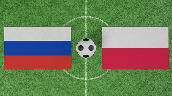 Futbol maçı, Rusya Polonya 'ya karşı, futbol sahasında futbol topu olan ülkelerin bayrakları