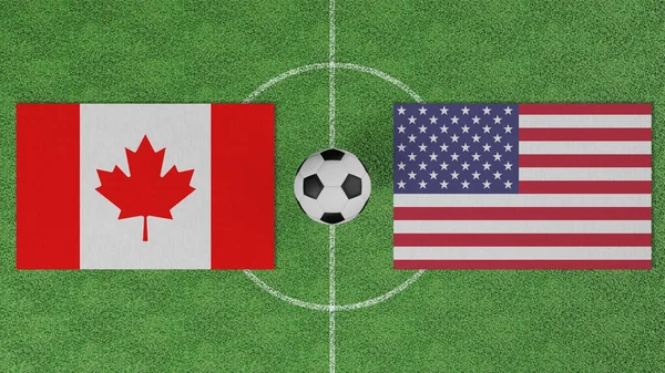 サッカー試合 カナダVsアメリカ サッカー場にサッカーボールを持つ国の旗 ストック写真