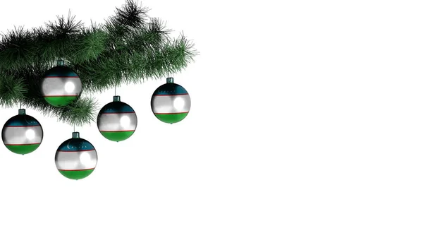 5个圣诞球挂在圣诞树上 白色背景上 球上画着乌兹别克斯坦国旗 — 图库照片