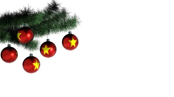 Vánoční Koule Visí Vánočním Stromečku Bílém Pozadí Vietnamská Vlajka Namalovaná — Stock fotografie