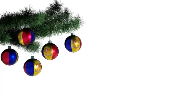 5个圣诞球挂在圣诞树上 白色背景上 球上涂满了安道尔国旗 — 图库照片