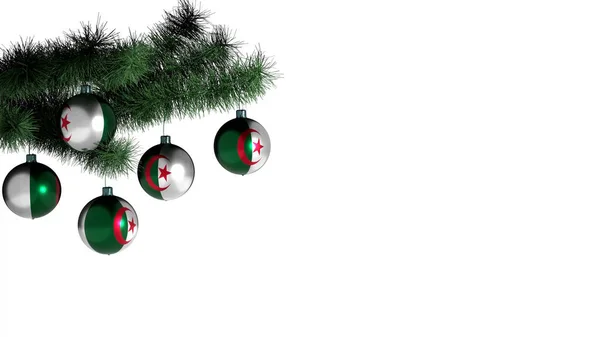 Weihnachtskugeln Hängen Einem Weihnachtsbaum Auf Weißem Hintergrund Die Flagge Algeriens — Stockfoto
