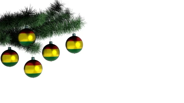 Beyaz arka planda Noel ağacına asılı 5 Noel topu. Bolivya bayrağı taşaklara boyanmış.