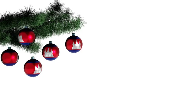 5个圣诞球挂在圣诞树上 白色背景上 柬埔寨的国旗涂在球上 — 图库照片
