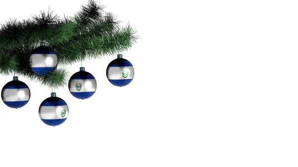Beyaz arka planda Noel ağacına asılı 5 Noel topu. El Salvador bayrağı taşaklara boyanmış.