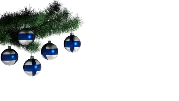 5个圣诞球挂在圣诞树上 白色背景上 芬兰的国旗涂在球上 — 图库照片