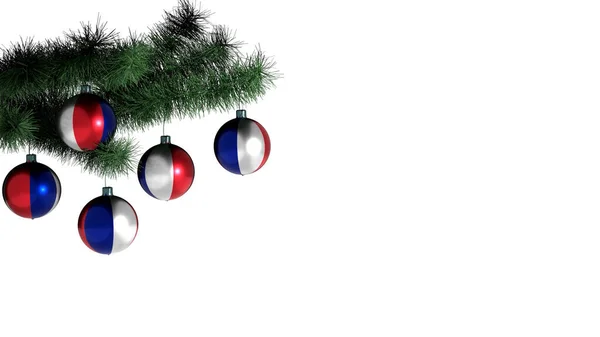 Beyaz arka planda Noel ağacına asılı 5 Noel topu. Fransa bayrağı taşaklara boyanmış.