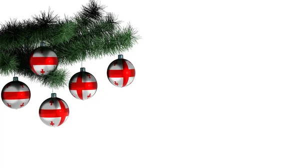 5个圣诞球挂在圣诞树上 白色背景上 格鲁吉亚的国旗涂在球上 — 图库照片