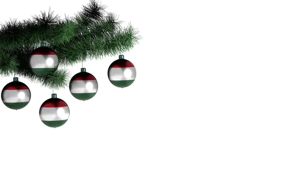 Vánoční Koule Visí Vánočním Stromečku Bílém Pozadí Maďarská Vlajka Namalována — Stock fotografie