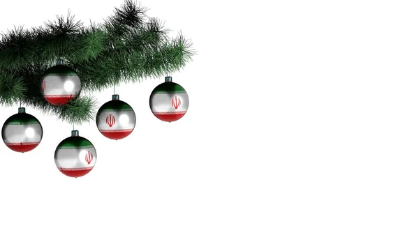 Beyaz arka planda Noel ağacına asılı 5 Noel topu. İran bayrağı taşaklara boyanmış.
