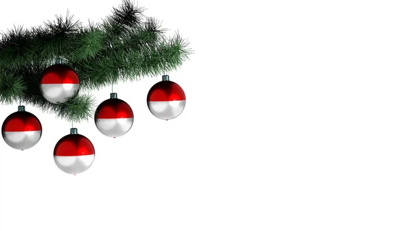 Vánoční Koule Visí Vánočním Stromečku Bílém Pozadí Indonéská Vlajka Namalovaná — Stock fotografie